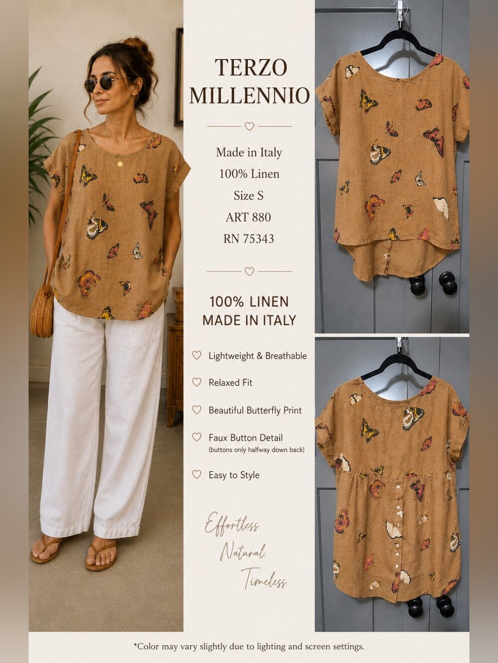 Terzo Millennio 100% Linen Butterfly Print Top Size S Made in Italy